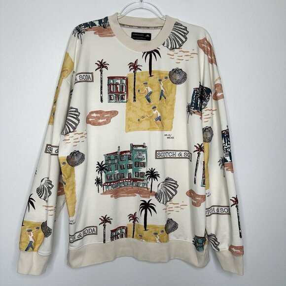 Scotch & Soda Sweatshirt Crewneck Beige Printed Tropical Palm Trees Large - Picture 2 of 15